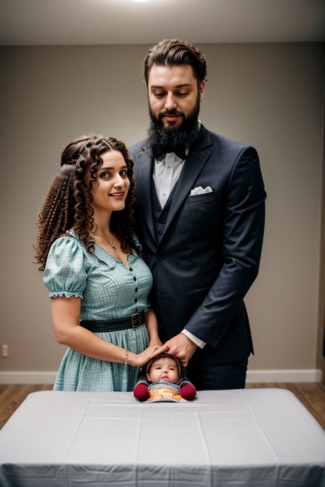  you see two parents from head to toe looking at their child in the cradle. he is wearing a suit and has a beard, while she is wearing a long dress and has curly hair that falls over her shoulders., hq, hightly detailed, 4k