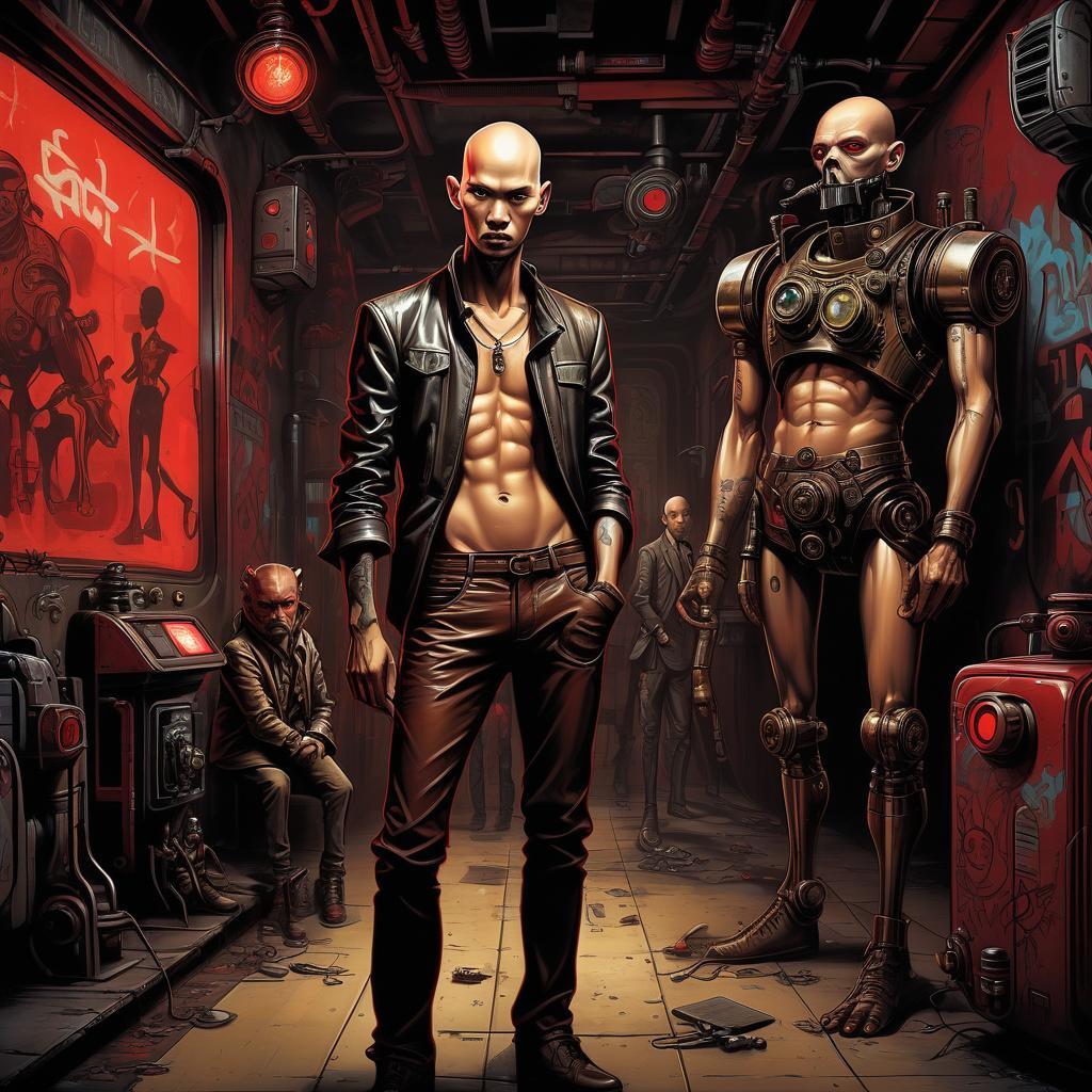  graffiti style a group of smugglers, a young of thai appearance, 20 year, small , elegant thin waist, long slender legs, black hair. a man with a , 40 year, small growth, bald, black. next to the droid and minotaur. full length image, steampunk, dieselpunk, paropunk, standing in a space tavern, against a background of red light. . street art, vint, urban, detailed, tag, mural