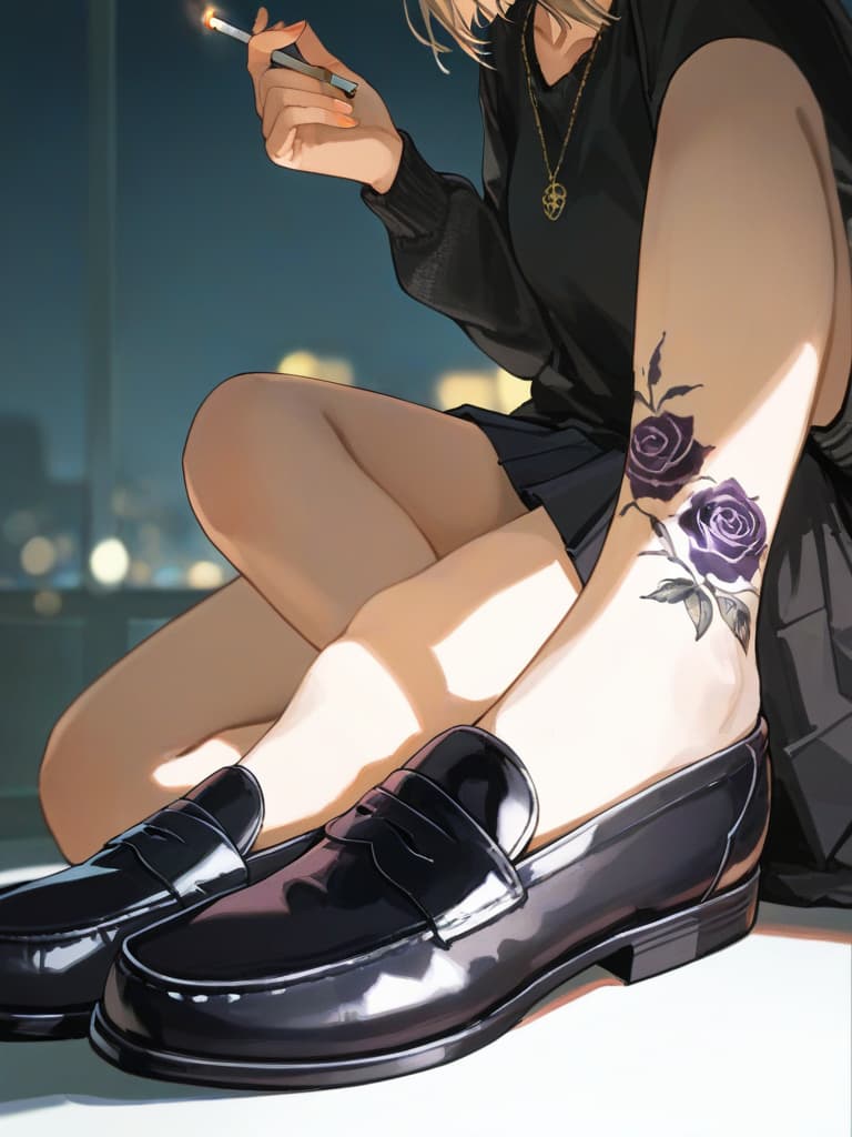  s wearing black loafers, s with blonde bob cut, white pleated s, white pleated s, s wearing spider nests on the left arm, s who smoke cigarettes, purple on the left . a with a rose tattoo, a cigarette, s a cigarette, masterpiece, best quality,8k,ultra detailed,high resolution,an extremely delicate and beautiful,hyper detail