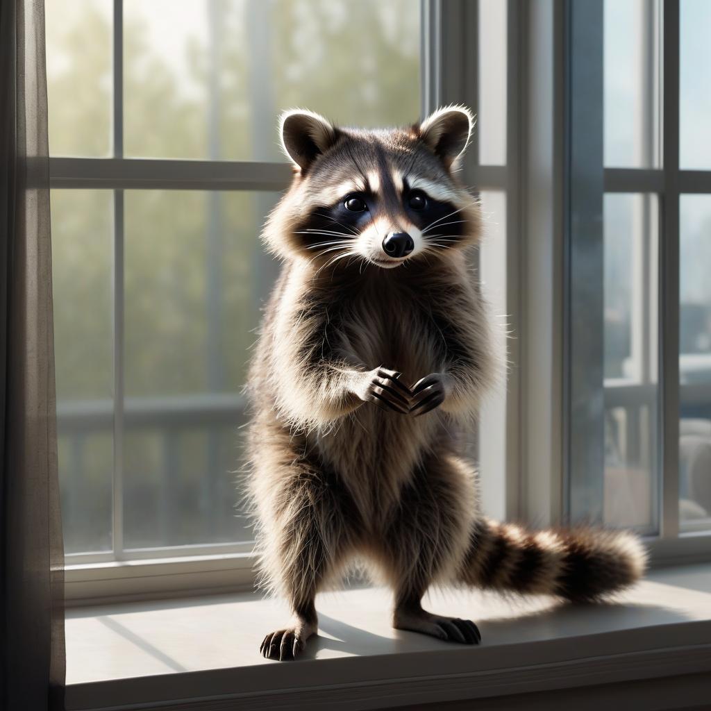  hyperrealistic art a raccoon with a full length pumped up human body, a panoramic window in the back . extremely high resolution details, photographic, realism pushed to extreme, fine texture, incredibly lifelike