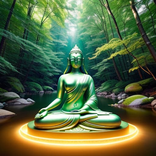  a serene, spiritual figure sitting in meditation amidst nature, possibly near a tranquil stream or under a large tree. around them, gentle glowing symbols of mantras float in the air, creating an aura of peaceful energy. in the background, soft rays of sunlight filter through the trees, symbolizing enlightenment and growth. the central focus could be a key glowing near the figure's heart, symbolizing unlocking spiritual potential. hyperrealistic, full body, detailed clothing, highly detailed, cinematic lighting, stunningly beautiful, intricate, sharp focus, f/1. 8, 85mm, (centered image composition), (professionally color graded), ((bright soft diffused light)), volumetric fog, trending on instagram, trending on tumblr, HDR 4K, 8K