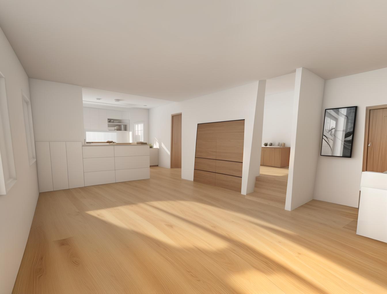  produce a photorealistic rendering of a minimalist living room with a wooden floor. the space should feature a simple, modern sofa as the focal point, with clean lines and neutral colors that complement the natural wood grain of the flooring.