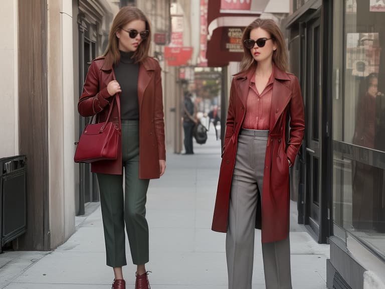  photo of a woman standing on a busy city street, where expensive cars are passing and passers by are hurrying somewhere. she has light brown hair and a fashionable hairstyle. the woman is dressed very stylishly, a woman in a burgundy coat, in wide graphite gray trousers, a women's bag made of embossed leather of dark green color, on her feet are dark red shoes, in her hand she holds a red brown bag made of expensive embossed leather, on her face are sunglasses. ultra realistic, hi res, hi quality, faded , vintage , nostalgic , by jose villa , elizabeth messina , ryan brenizer , jonas peterson , jasmine star