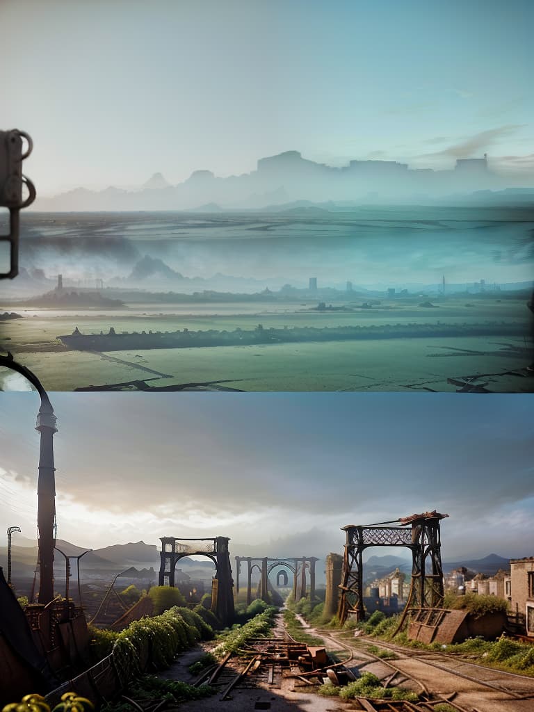  ((background:landscape)){landscape,end of the century:desolate world,destroyed buildings,rusted pylons,broken roads,destroyed bridges🌉,ivy tangled around every man made structure,weeds growing everywhere,devastated cityscape ((distant shot:blur effect))}((super detail))high resolution,absurd,employment,