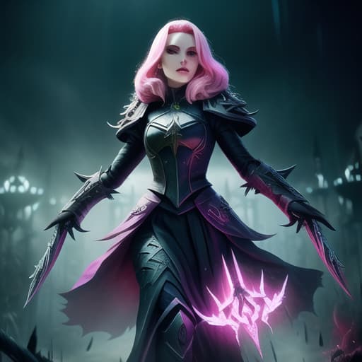  "death prophet" from Dota2 surrounded by her ghosts, glowing green eyes, full body shot, cinematic lighting, gloomy mood, horror, barbie movie Margot Robbie hellraiser pinhead pink --ar 4:5 --s 750 --niji 5, (masterpiece, best quality:1.5), HDR 4K, 8K