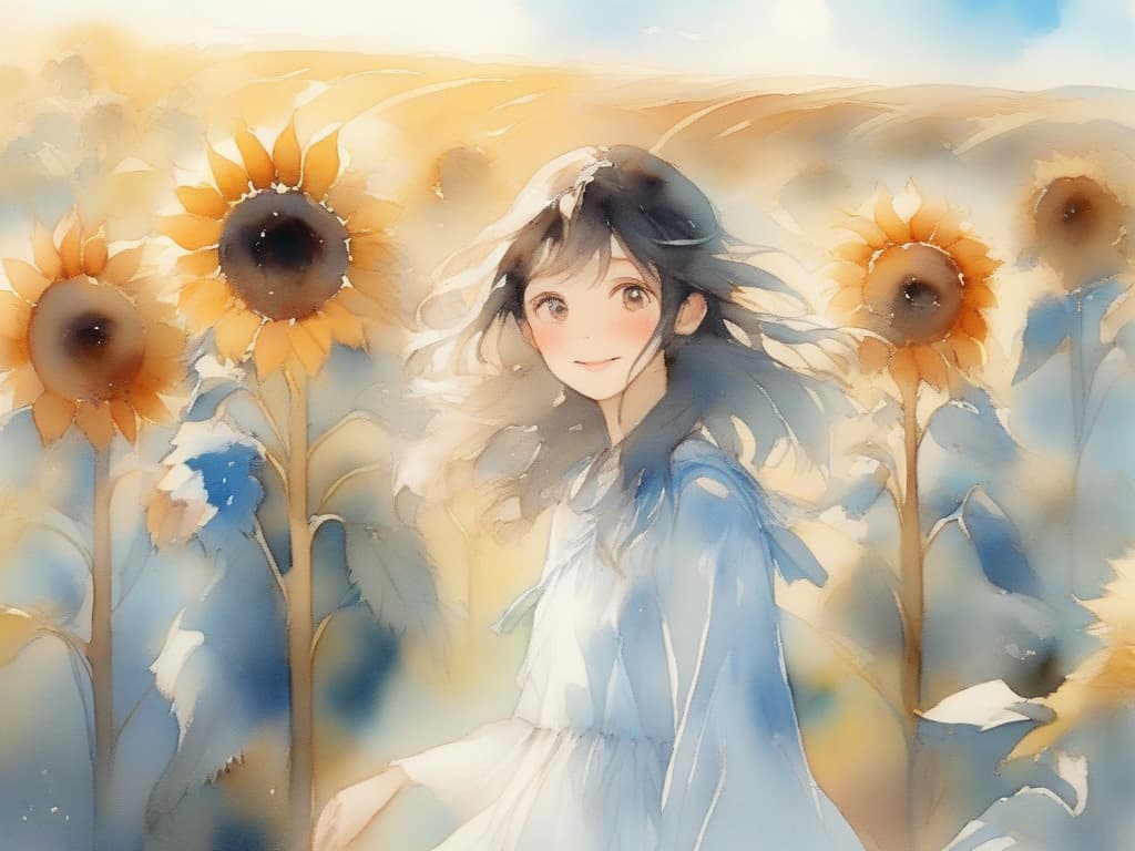  sunflower field, blue sky, girl, white dress