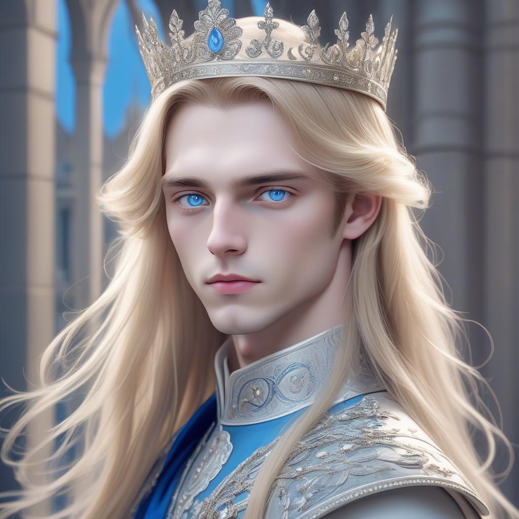  breathtaking young aristocrat with long blonde hair, silver crown on his head, clear blue eyes, pale skin, beauty aesthetics, majestic look . award winning, professional, highly detailed