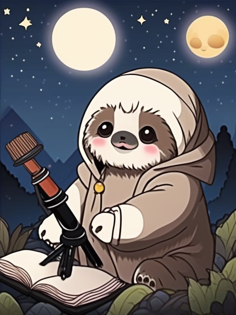  masterpiece,best of the best,full moon ＆ solo very cute sloth＆cute little rabbit,sloth with cape,rabbit with muffler,((telescope)),book,moonlit background,field,high quality,16k