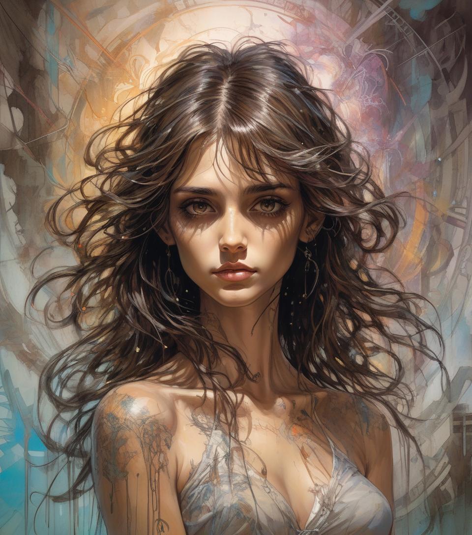  a beautiful girl, dark brown eyes, messy shoulder length hair, in a surreal and fantastical setting, combining the artistic styles of jose royo, boris vallejo, julie bell, carne griffiths and brian froud, precise anatomy, with a centered symmetrical composition , double exposure, volumetric lighting, detailed ink splashes, art deco style, comic book style art, vector, line art, rays, bright color highlights