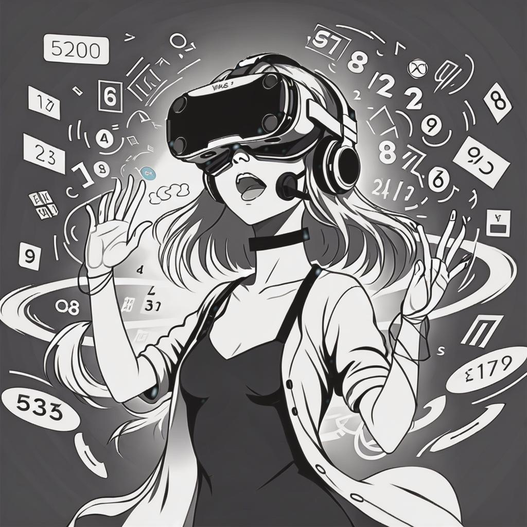  line art drawing girl in vr headset, numbers around, same nightmare. anime style . professional, sleek, modern, minimalist, graphic, line art, vector graphics