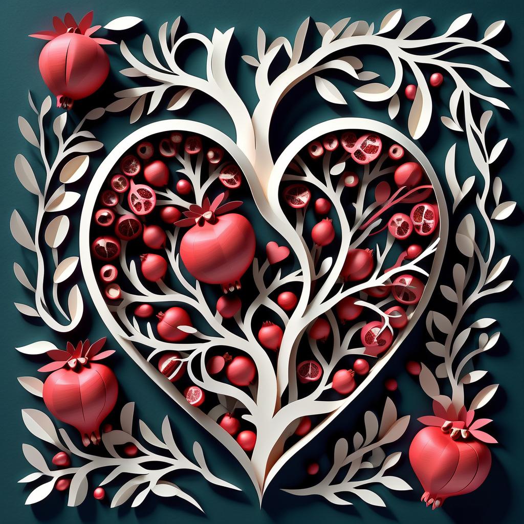  thick layered papercut art of heart of twigs and pomegranate grains . deep 3d, volumetric, dimensional, depth, thick paper, high stack, heavy texture, tangible layers