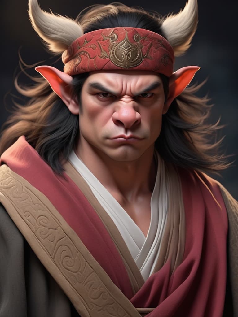  pig demon, 1 male, pig face, solo, male focus, tusks, warrior robe, portrait, headband, looking at viewer, realistic, slightly open mouth, close up, broad shoulders, dark background, weathered skin