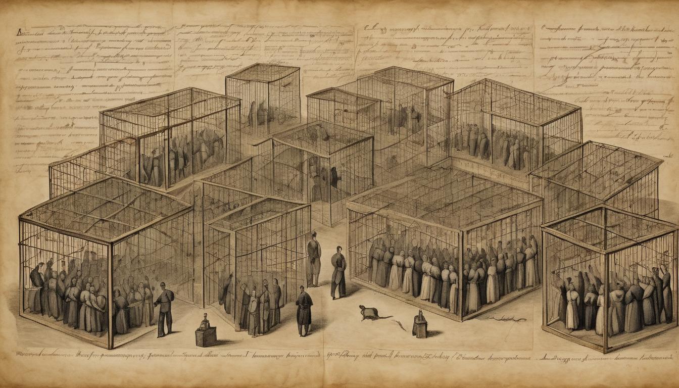  on parchment, surrealism++, a crowd of people locked in cages made of their own words, arrogance, imprisonment by own consequences(mysterious, provocative, symbolic)++