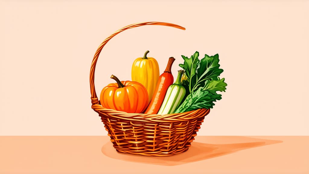  minimalistic watercolor illustration in autumn pastel colors basket with autumn vegetables on light orange pastel background ar 16:9 {prompt}, maximum details