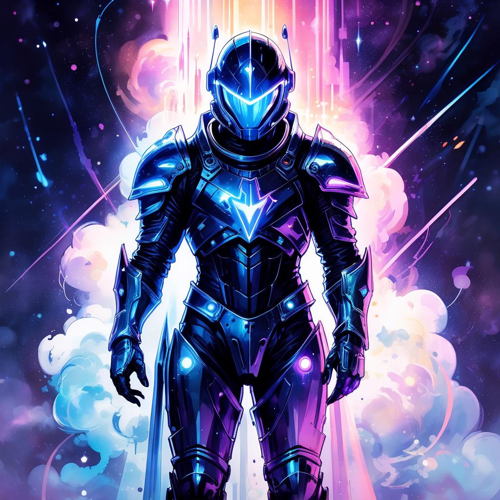  (ink sketch:1.2), (art by style of ross tran:1.4), space knight male in black spacesuit armor standing next to spaceship, traditional media, watercolor, fantasy illustration, soft colors, final fantasy, the knight of star, beautiful mysterious clouds, in a magical world, illuminated by a silvery glow. on a dark background of complex texture: stars, silver dust, abstract electric sparks, neon flashes and mystical glow. high contrast of the drawing and background. surrealism, fantasy with elements of modernity. high detail, high quality, 8k