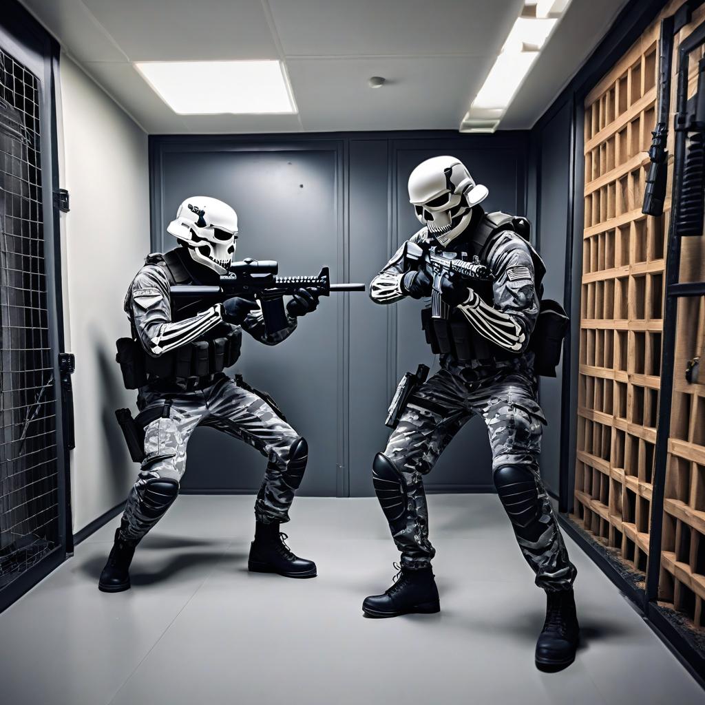  extremely realistic skeleton doing cqb in a corner fed room whit an ar 15 doing a dynamic entry into a center fed room