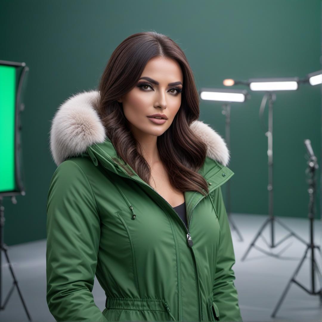  woman, age 24, wearing a poofy fur trim parka, long straight hair, make up, she’s a news reporter with a microphone, background film set green screen. hyperrealistic, full body, detailed clothing, highly detailed, cinematic lighting, stunningly beautiful, intricate, sharp focus, f/1. 8, 85mm, (centered image composition), (professionally color graded), ((bright soft diffused light)), volumetric fog, trending on instagram, trending on tumblr, HDR 4K, 8K