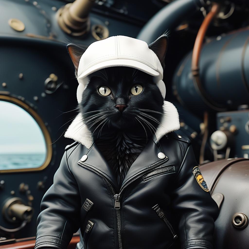  furry black cat in a leather jacket, in a white cap, in a submarine