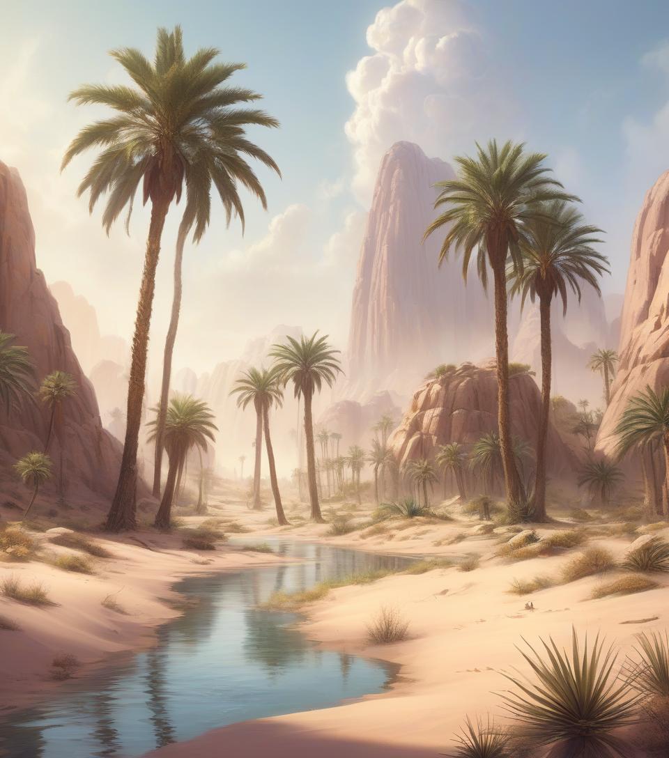  concept art desert oasis in the middle of the desert, beautiful water, desert palm trees, fantasy, realistic . digital artwork, illustrative, painterly, matte painting, highly detailed