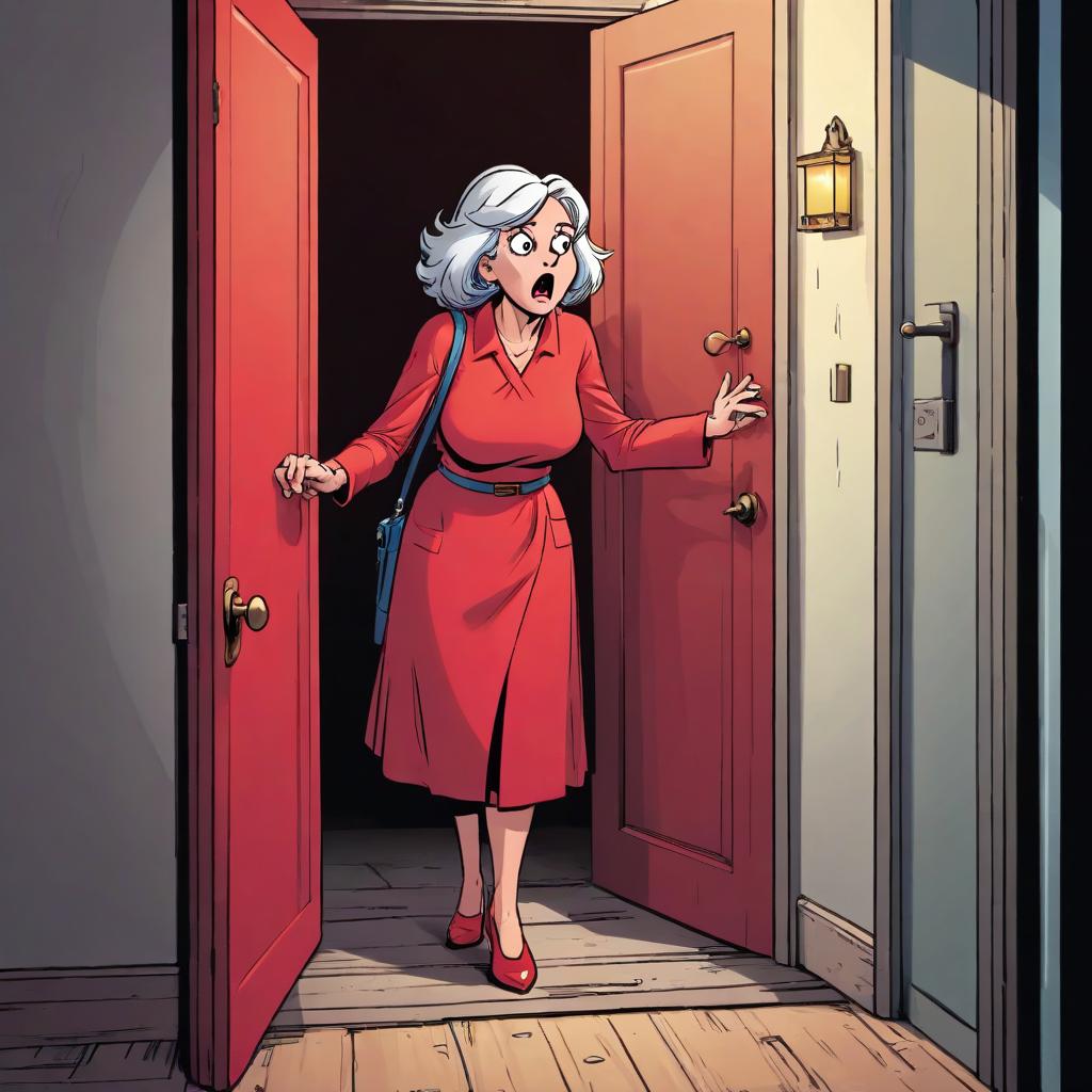  draw a color comic, a middle aged woman standing in the doorway, the doorway is red, the woman has a surprised face.