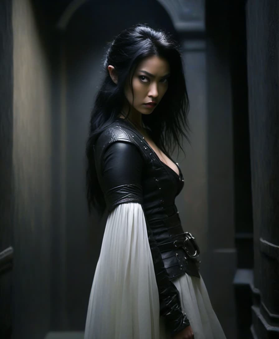  macabre style film actress fei ren in the form of the queen of the elves of a thief fighter in long white leather skirts and a mail skirt in a dark lobby. . dark, gothic, grim, haunting, highly detailed, perfecteyes, perfect hands