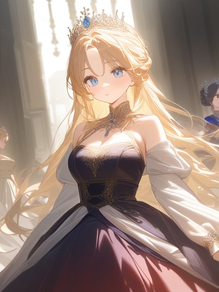  cute girls, jewels, beautiful, long hair, no bangs, beautiful dresses, beautiful dresses, royal, princess, british royal family, dignity, red, dark blue and golden dresses, crowns, light blue eyes, masterpiece, best quality,8k,ultra detailed,high resolution,an extremely delicate and beautiful,hyper detail