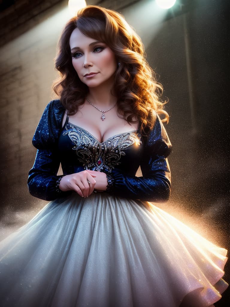  The young country singer Loretta Lynn, medium shot, upper body, spotlight, long exposure lighting, street art style spray paint, glamour lighting