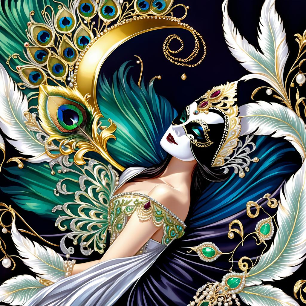  dreamscape (background):black silk cloak, topazes, rubies, emeralds, gold candlestick with white gold flame. ((the eye slits reflect the contours of the palaces and canals of venice1,9)). ((half mask columbine) a mask covering only part of the face. silver mask:with gold patterned ornamentation. colours:light green, blue, pearl cream, peacock feathers, gold and silver beads, gold leaf, gemstones, venetian lace, rhinestones, beads. (style):fantasy, renaissance, dream, mystery, mystery, dream, italy, venice, barcarolle, minestrel. . surreal, ethereal, dreamy, mysterious, fantasy, highly detailed