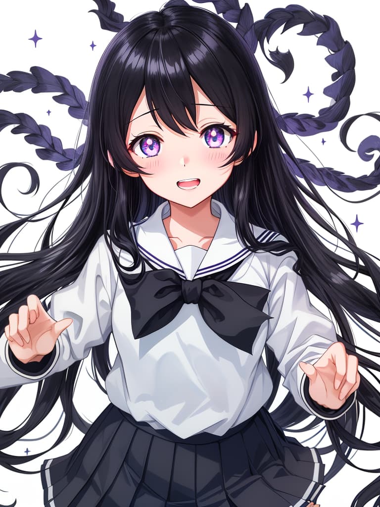  hyoka senpa food nekka chief sailor school uniform uniform uniform black hair long eye teeper upper teeth only blue purple eye camera each woman black sailor collar grey neckhief kam iyama high school uniform kamiyama high school uniform (hyouka) round teeth watashi kininarimasu simple background white background sketch artist logo sparkle background high resolution