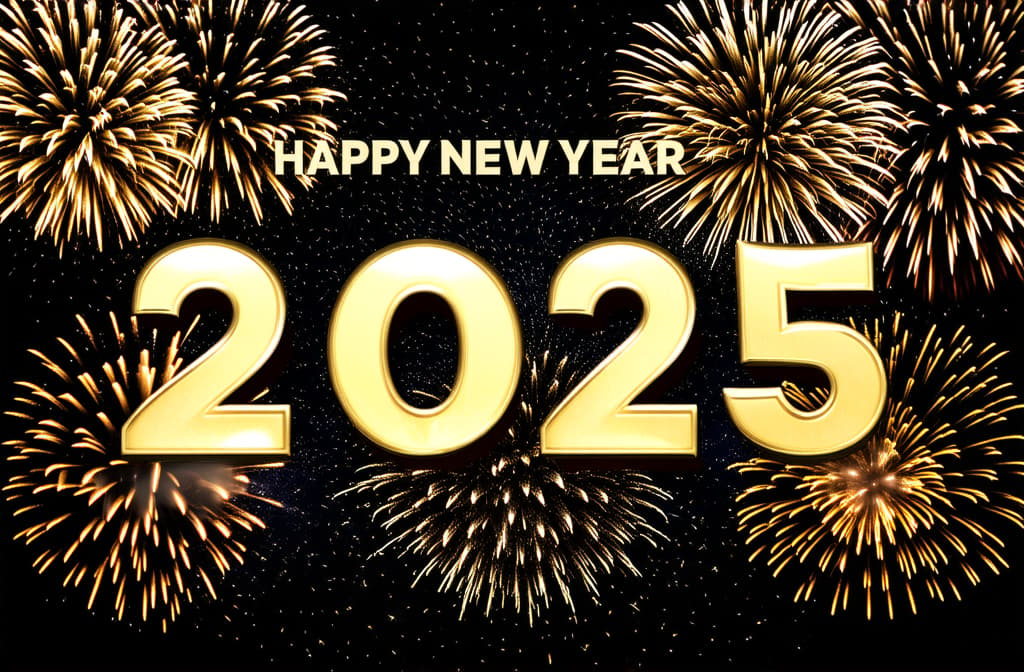  appy new year 2025 festive silvester new year's eve party background greeting card frame made of golden fireworks in the dark night. ar 3:2 {prompt}, maximum details