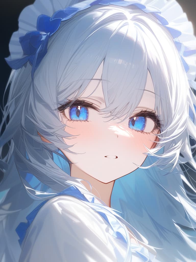  girls, white skin, white hair, long hair, light blue gradation hair color, light blue eyes, headdress, frill, short yukata, face focus, masterpiece, best quality,8k,ultra detailed,high resolution,an extremely delicate and beautiful,hyper detail