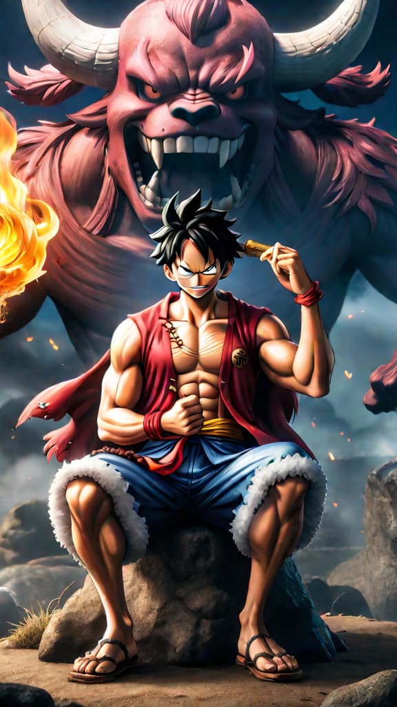  anime art: luffy's indomitable spirit and the support of his friends seal kaido's fate in one piece. hyperrealistic, full body, detailed clothing, highly detailed, cinematic lighting, stunningly beautiful, intricate, sharp focus, f/1. 8, 85mm, (centered image composition), (professionally color graded), ((bright soft diffused light)), volumetric fog, trending on instagram, trending on tumblr, HDR 4K, 8K