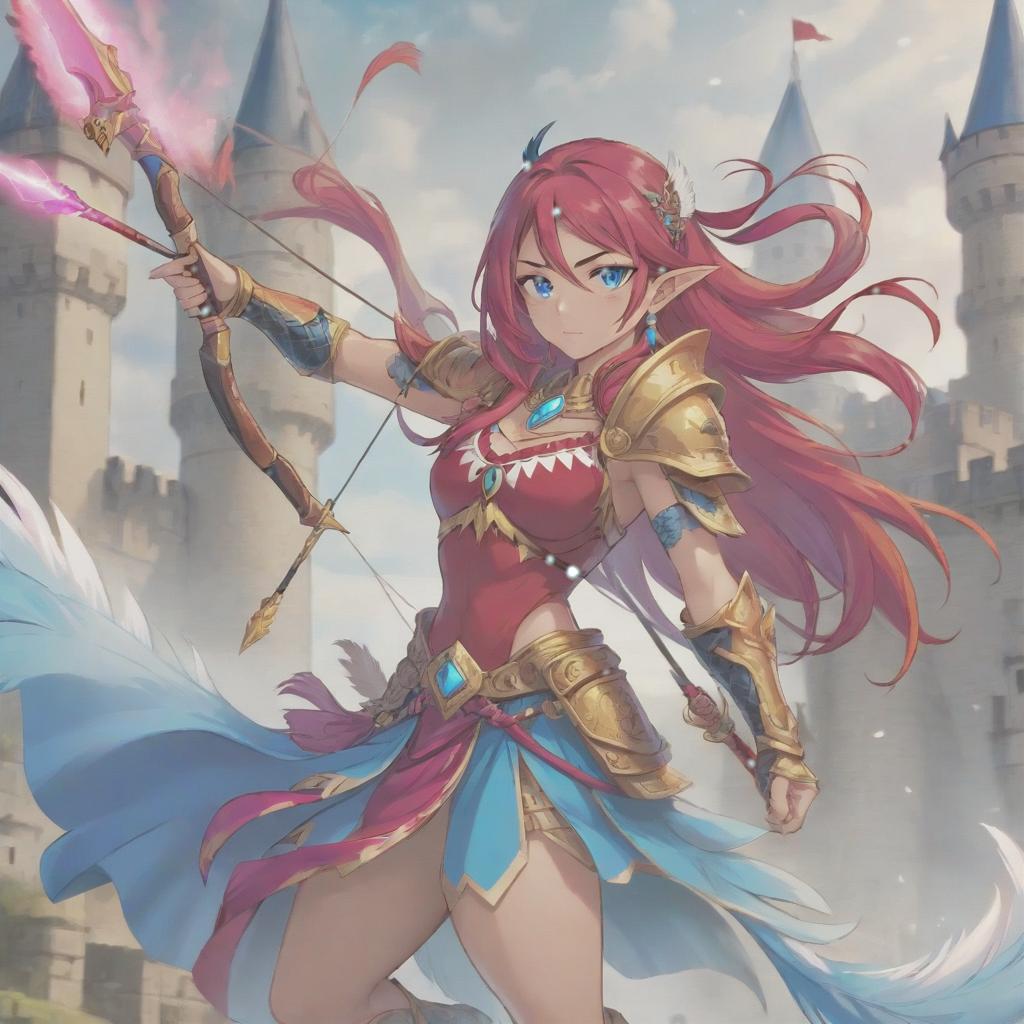  long exposure photo of portrait of strong rage amazonas queen archer. blue eye. long red hair. tilting head down, magenta mantle, shoulder pad feather, accessory necklace with pearls on the forehead, against the background of the castle siege . blurred motion, streaks of light, surreal, dreamy, ghosting effect, highly detailed, sticker, hkmagic