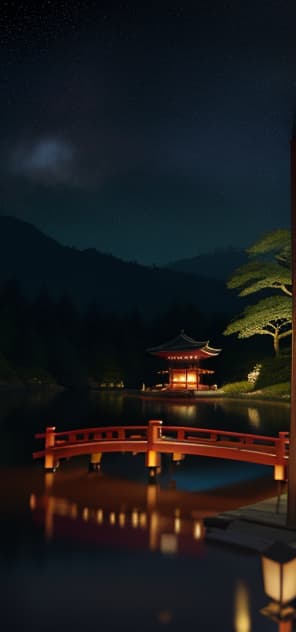  masterpiece, best quality, (fidelity: 1.4), best quality, masterpiece, ultra high resolution, 8k resolution, a night view inspired by japanese art, featuring a garden illuminated by paper lanterns and a wooden bridge spanning a tranquil lake, by the lakeside, there is a small zen temple. the water reflects the starry sky.