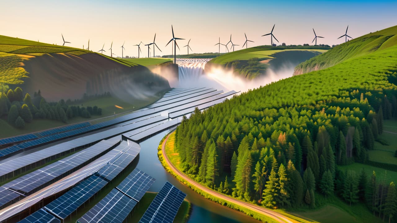  a vibrant landscape showcasing solar panels glistening under the sun, wind turbines spinning on rolling hills, and a hydroelectric dam with rushing water, all interconnected with colorful energy lines symbolizing efficiency and sustainability. hyperrealistic, full body, detailed clothing, highly detailed, cinematic lighting, stunningly beautiful, intricate, sharp focus, f/1. 8, 85mm, (centered image composition), (professionally color graded), ((bright soft diffused light)), volumetric fog, trending on instagram, trending on tumblr, HDR 4K, 8K