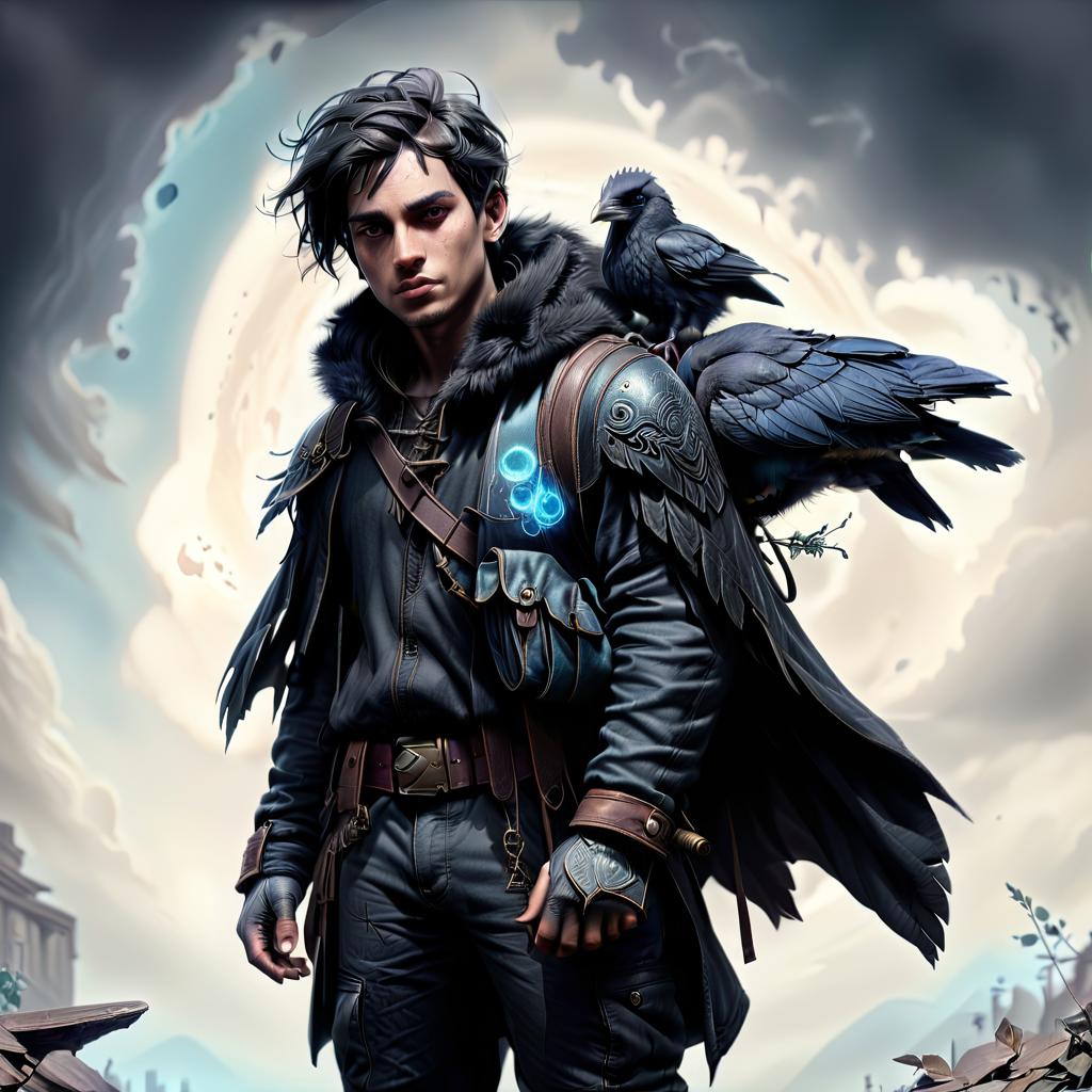  ethereal fantasy concept art of black with blue tint humanoid with raven head alchemist, rags and leather cloak with lots of pockets, big backpack with pockets, bomb in hand . magnificent, celestial, ethereal, painterly, epic, majestic, magical, fantasy art, cover art, dreamy, civitai