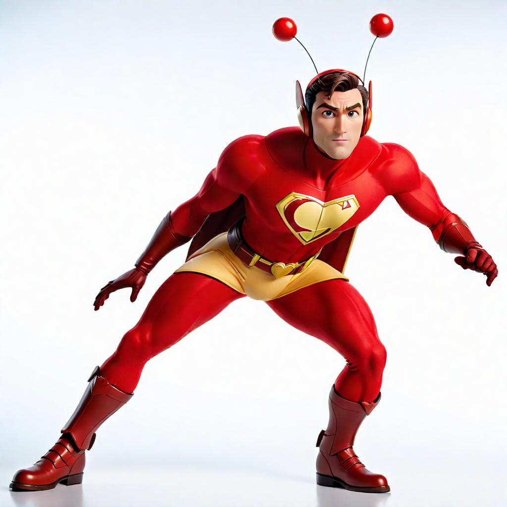  create a 3d character in disney pixar animation style. the character must be a superhero with a red costume and a yellow belt, featuring the letter 'c' inside a heart on the chest. the costume must have matching red boots and gloves, and include a headpiece with two antennae with spheres on the ends. the character's pose should be dynamic and heroic, capturing the essence of an animated action figure. hyperrealistic, full body, detailed clothing, highly detailed, cinematic lighting, stunningly beautiful, intricate, sharp focus, f/1. 8, 85mm, (centered image composition), (professionally color graded), ((bright soft diffused light)), volumetric fog, trending on instagram, trending on tumblr, HDR 4K, 8K