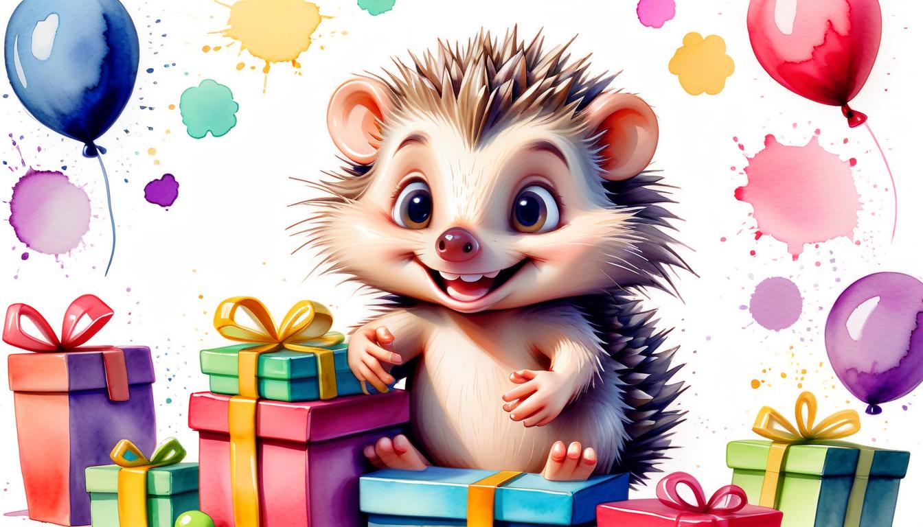  watercolor painting (painted) (watercolored) cute hedgehog opens a box of gifts and toys, smiling face, soft shades, fine contours with ink, cartoon effect, middle plan, add boxes around . vibrant, beautiful, painterly, detailed, textural, artistic