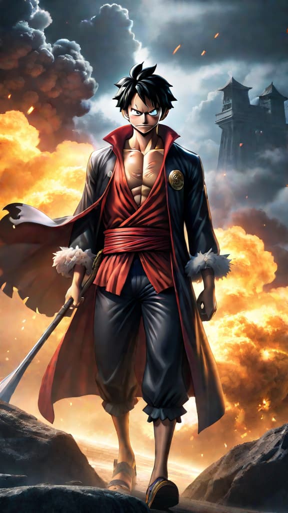  anime art of luffy threatening the world government with the dark secret of the void century. hyperrealistic, full body, detailed clothing, highly detailed, cinematic lighting, stunningly beautiful, intricate, sharp focus, f/1. 8, 85mm, (centered image composition), (professionally color graded), ((bright soft diffused light)), volumetric fog, trending on instagram, trending on tumblr, HDR 4K, 8K