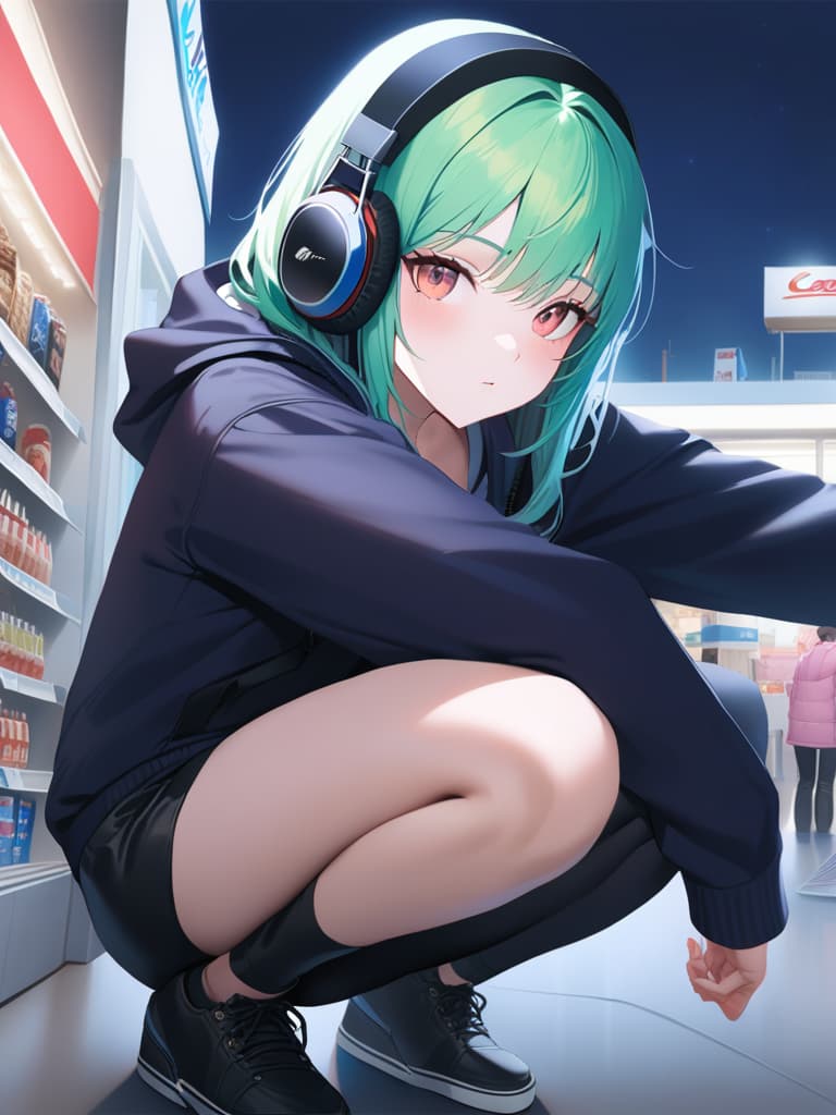  1girl,green hair,up angle,(((headphone))),(((black jogging suits))),(((squatting:1.3))),(((outside the convenience store at night:1.5))),realistic