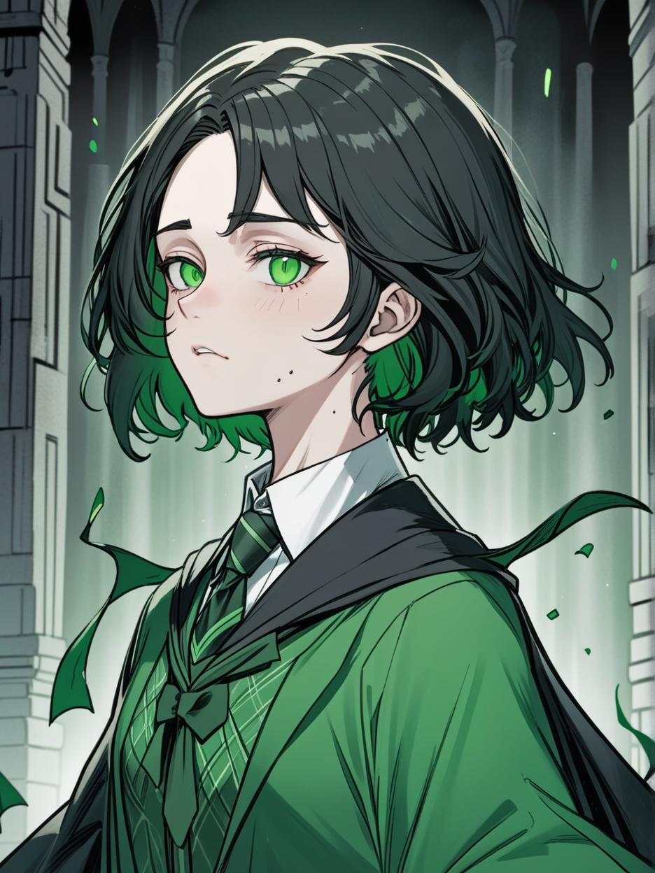  manga artwork a female, slytherin student with short black hair, pale skin, and piercing green eyes. her robes are black, with a white collared shirt underneath and a green neck tie.. manga artist. manga, highly emotional. best quality, high resolution