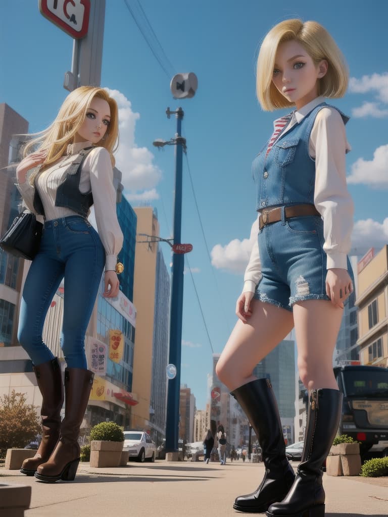  one , anime style image of android 18 with shoulder length blonde hair,detailed face, detailed eyes, blue eyes, and a confident expression. she is dressed in a clic outfit: a denim vest over a striped long sleeve shirt, a black mini , and brown boots. she should be standing in a confident pose with a slight smile. the background can be a futuristic cityscape or a desolate battlefield. the overall style should be cool, stylish, and modern.android 18