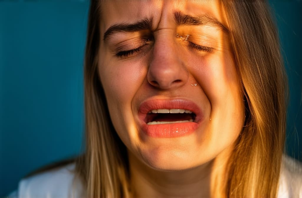  young woman crying in shock with tears on his cheek, emotional breakdown, , closed eyes and closed mouth ar 3:2, (natural skin texture), highly detailed face, depth of field, hyperrealism, soft light, muted colors