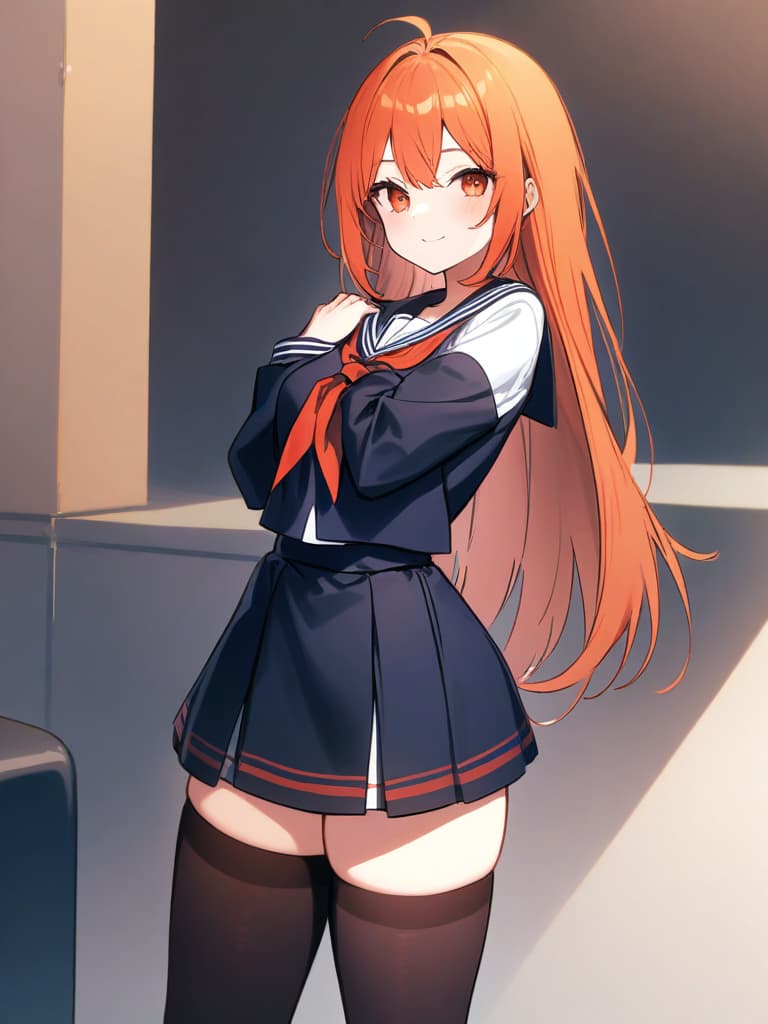  masterpiece {beautiful girl}(orange hair color:1.5){smile}{sailor uniform wearing}{super mini skirt:1.5}{black knee high socks:1.7}high quality,16k,super analysis