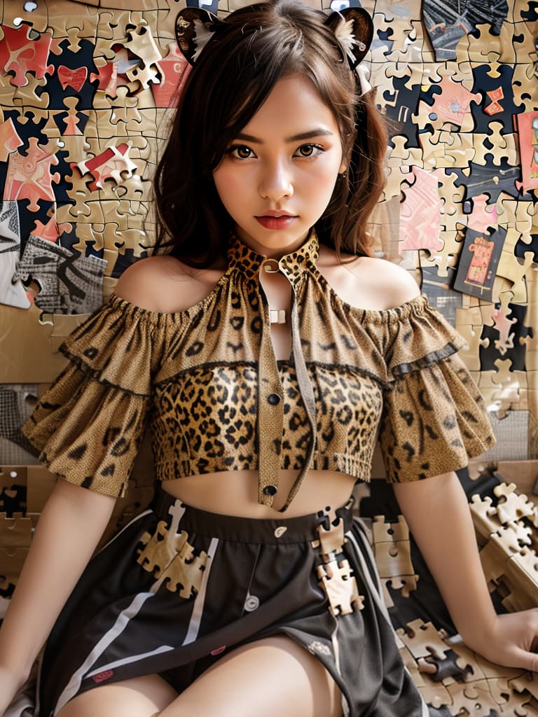  ((jigsaw puzzle style,screen))((separated piece by piece))masterpiece (cute leopard girl illustration)(with fangs)(pink dress)(jigsaw puzzle style composition)superb analysis,high quality,16k