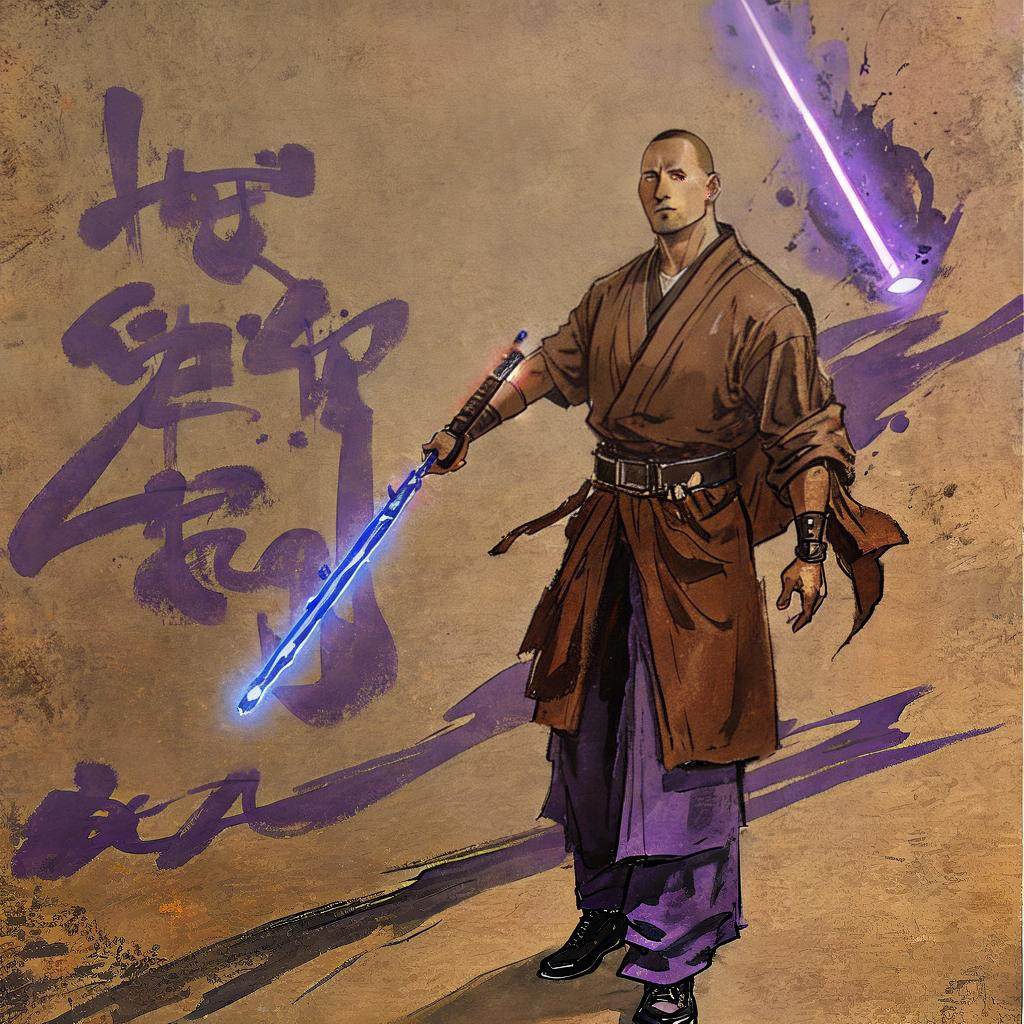  in graffiti style, dwayne johnson holding a purple lightsaber wearing brown jedi robes, concept art, ultra realistic