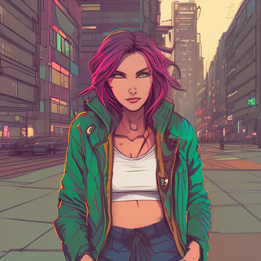 nvinkpunk girl, brown hair, green eyed, standing, walking in the city, evening, summer, in a jacket