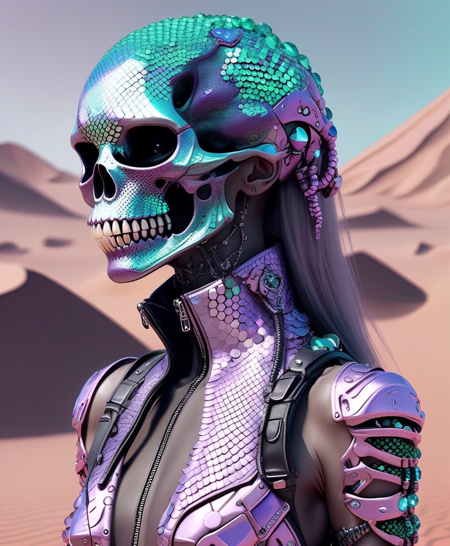  techwear fashion lizard scales. full length girl skull instead of face. chromium and precious stones, pastel tones. desert . futuristic, cyberpunk, urban, tactical, sleek, dark, highly detailed