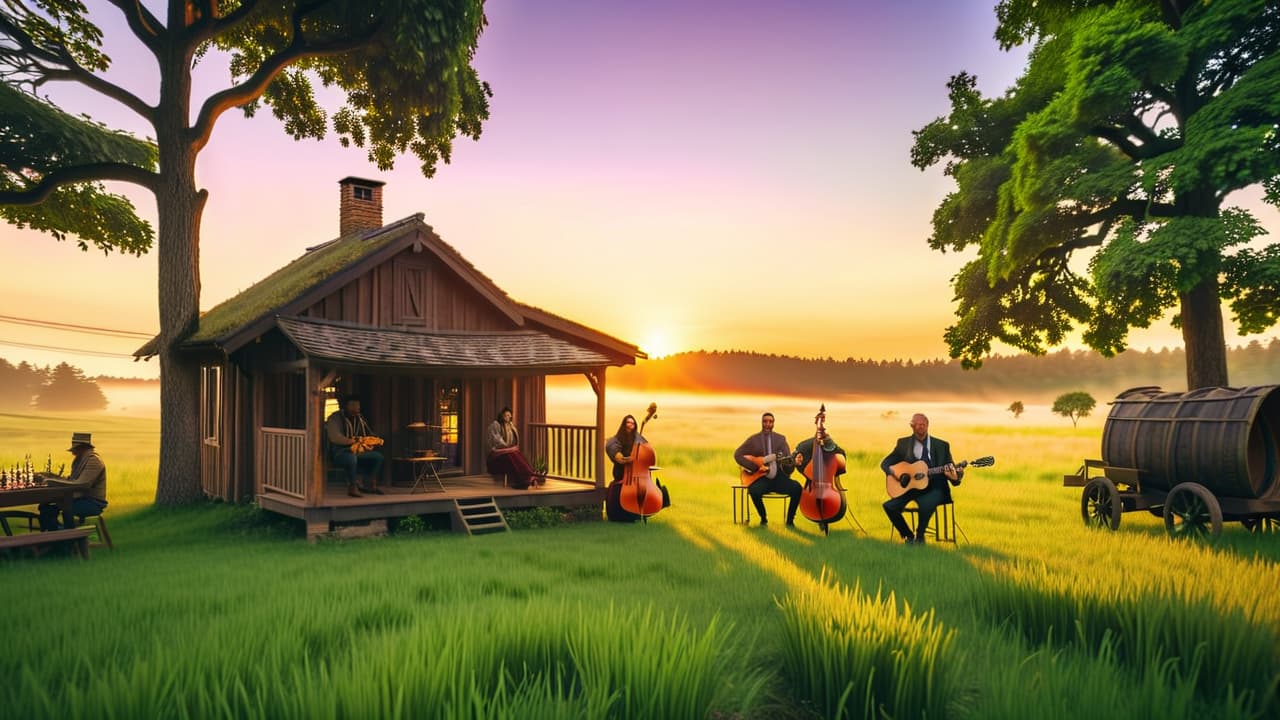  a serene countryside scene featuring a diverse group of musicians playing acoustic instruments, surrounded by lush green fields, rustic wooden cabins, and a vibrant sunset, capturing the essence of community and tradition in folk music. hyperrealistic, full body, detailed clothing, highly detailed, cinematic lighting, stunningly beautiful, intricate, sharp focus, f/1. 8, 85mm, (centered image composition), (professionally color graded), ((bright soft diffused light)), volumetric fog, trending on instagram, trending on tumblr, HDR 4K, 8K