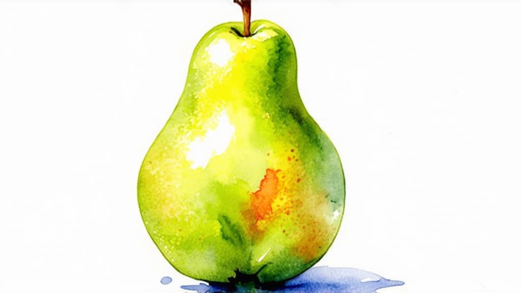  artwork pear on a white background ar 16:9, watercolor techniques, featuring fluid colors, subtle gradients, transparency associated with watercolor art